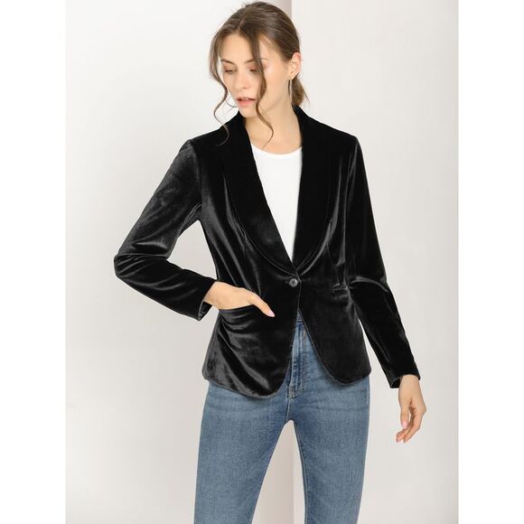 Women's Coat Solid Shawl Collar 1 Button Velvet Blazer Black - Picture 3 of 6